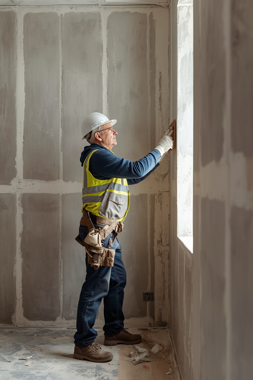Experienced drylining contractor finishing a plasterboard joint on a Worcester project