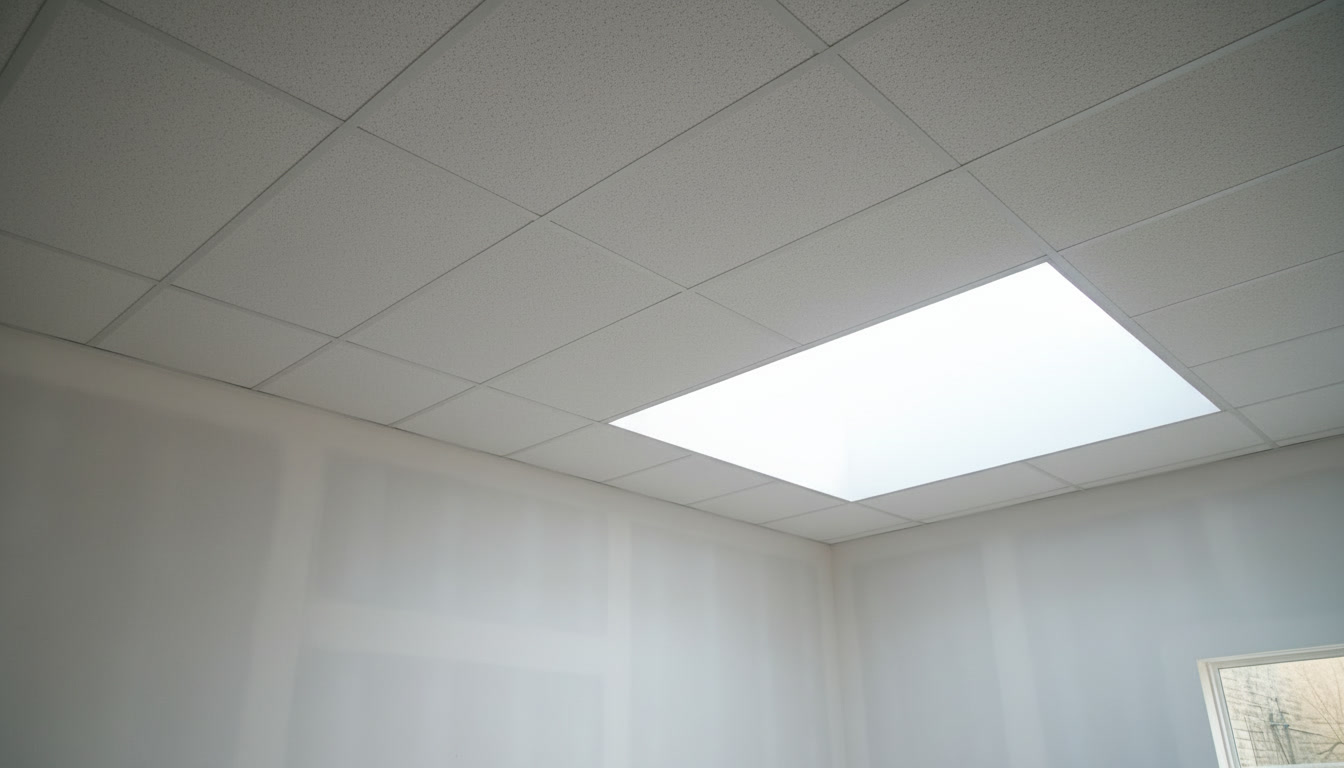 New suspended ceiling with LED panel after professional installation