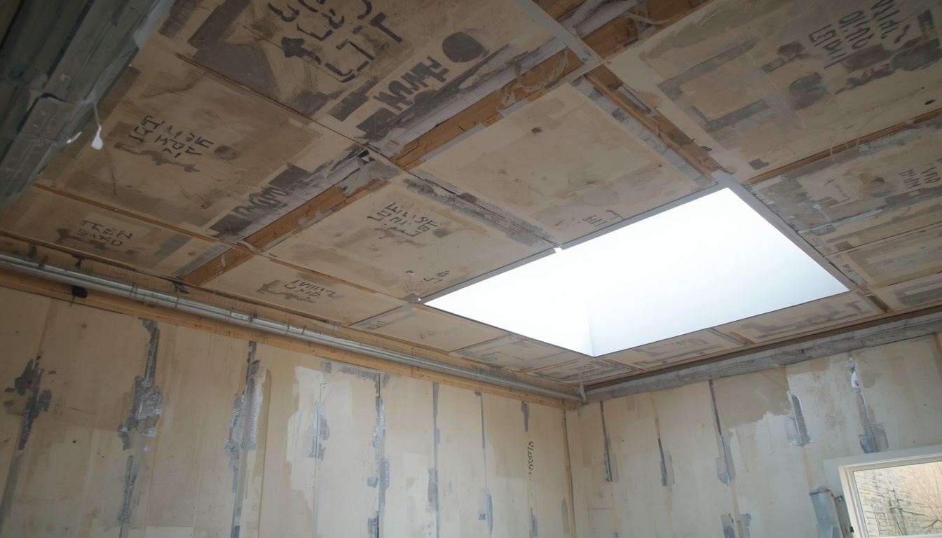 Damaged ceiling with exposed timber before suspended ceiling installation